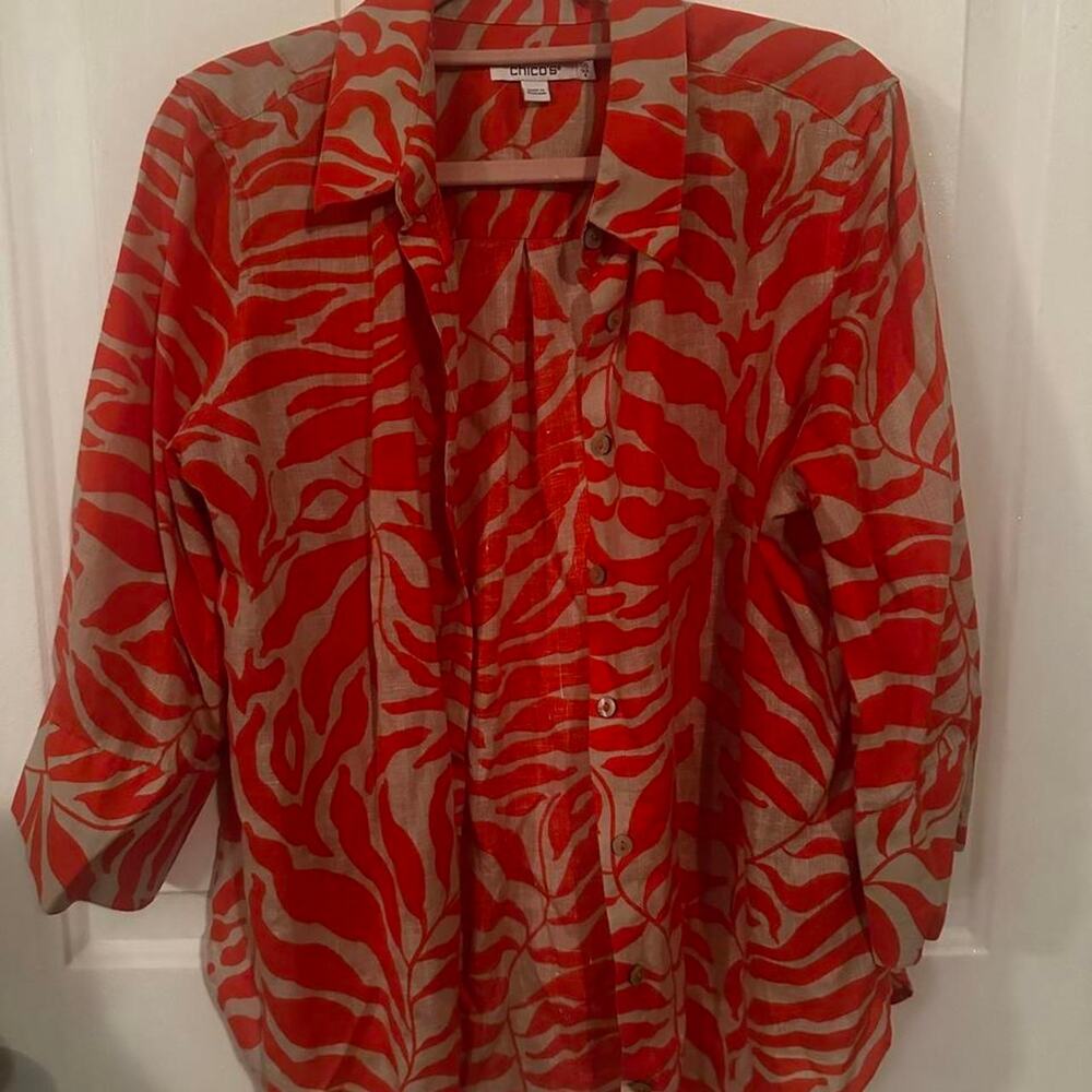 Chico’s Blouse Womens 0.5 US 6 Red Coral Abstract Botanical Print Button Front